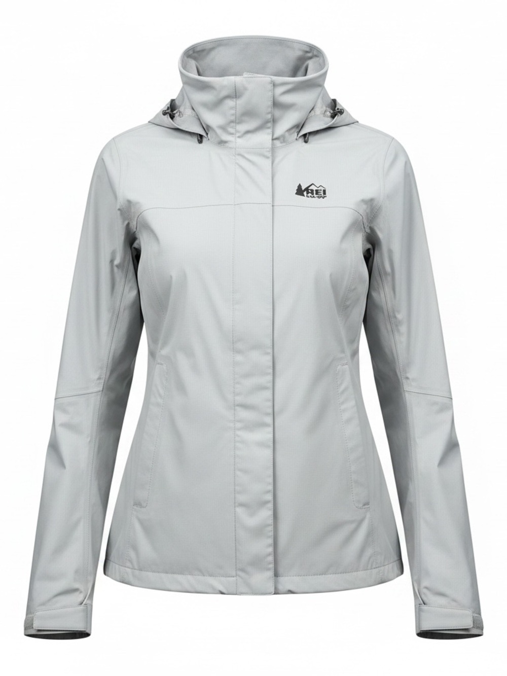 REI Women’s Rainier Rain Jacket XS Gray Hooded Waterproof Packable Pit Zips